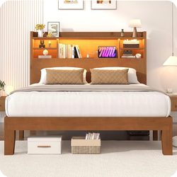 Queen Size Solid Wood Platform Bed Frame with LED Headboard, Remote & App Control, Dimmable & Color-Changing Lighting, Solid Pine & Oak Construction, 