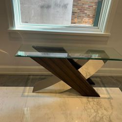 Beautiful Modern "X" wood and chrome style base console table 