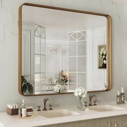 40X32 Inch Bathroom Mirror with Wood Grain Colored Metal Frame (