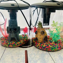 2 Plastic Half-Moon Betta Aquarium, 2.5 Gallon with lots of aquarium supplies.