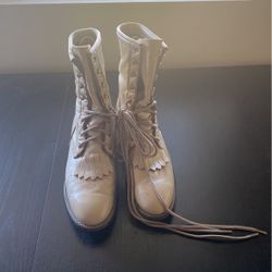 Beige  Lace Up Leather Boots Size 8