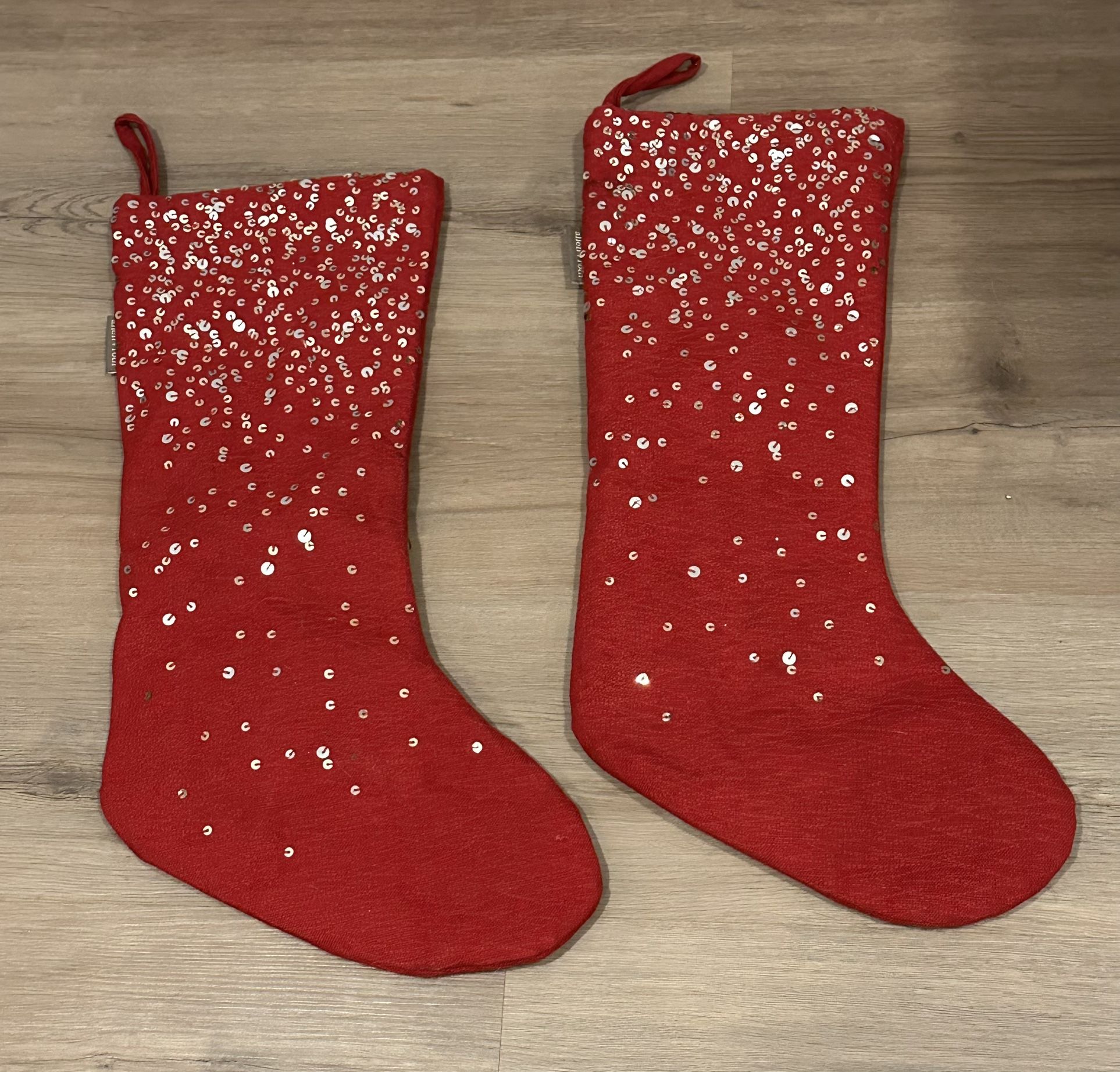 2 Red Christmas Stockings w/ Gold Sequins