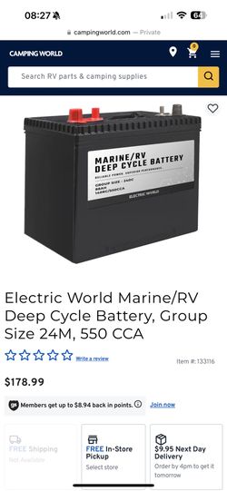 Brand New 12V, Electric World Marine/RV Deep Cycle Battery, Group Size 24M, 550 CCA