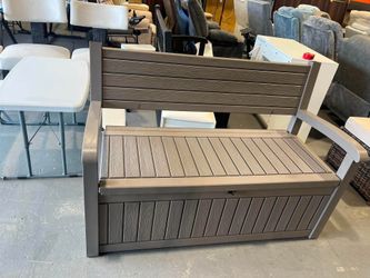 80 Gallon Plastic Storage Bench Made of Durable Weatherproof Resin