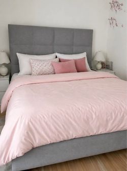 Gray Upholstered- Queen Bed Frame with Headboard