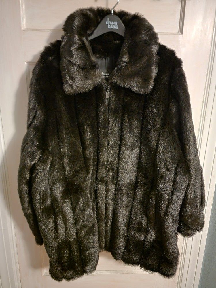 Dennis Basso Plus Size 1X Black Faux Fur Midi Coat Zipper Front