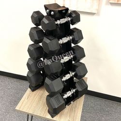 New Rubber Band Barbell Coatedy Hex Dumbbells 5LB - 25LB Weight Home with RACK