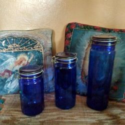 3 Beautiful Blue Glass canisters