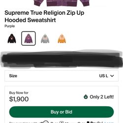 Supreme Collaboration w/ True Religion Purple Zip up hooded sweatshirt Limited edition