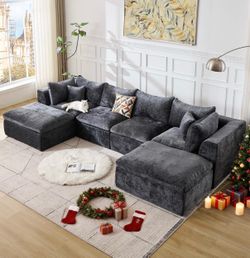 146’’ Boneless Couch for Living Room, U Shaped Cloud Sectional Sofa w/Ottoman, Comfy Boneless Modular Couch w/Memory Foam, Grey