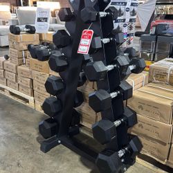 5-30 Hex Rubber Dumbbell Set With Rack
