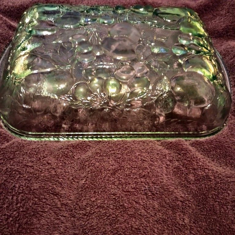 Vintage Casserole Green Glass Cake Size Dish. Libby Orchard Fruit Pattern