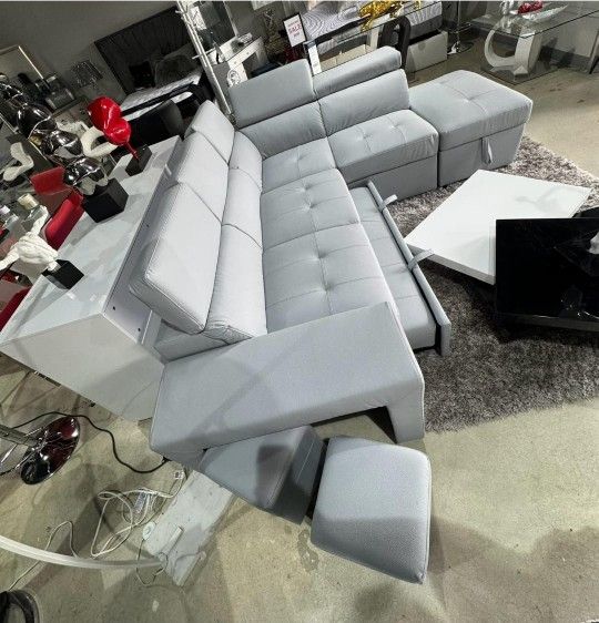 Sleeper Sectional Sofa Pull Out Gray Leather New