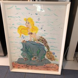 Large mermaid picture with seashells, handmade by an artist in 2014. This is very large deep framed picture.