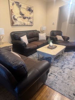 Dark Brown Leather Sofa Set with Chair and Ottoman