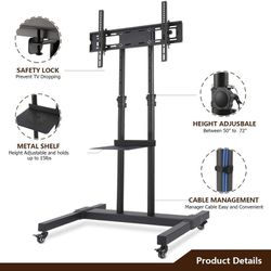 Tall Rolling TV Stand with Wheels for 32 to 85 Inch Flat Panel TVs Tilt, Black Mobile TV Cart