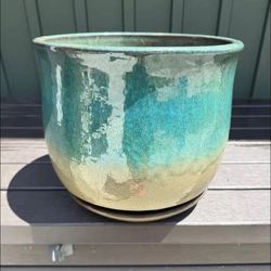 Beautiful Green & Tan Glazed Ceramic Large Planter Pot