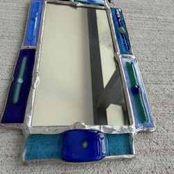 Vintage Fused Glass Wall Mirror Blue Green Stained Glass Style Handmade