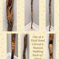 One of a Kind Hand Carved & Stained Walking Stick w/ Wind Spirits & Suns