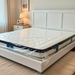 New KING Size Bed Frame With Mattress And Box Spring Set KING BED set white wooden headboard