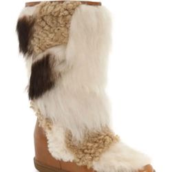 New in box COACH Womens 5M  Morton Leather Natural Shearling Mid Calf Fall Wedge Boots