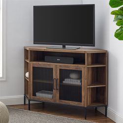 48" Mesh Door Corner TV Console with Adjustable Shelf in Rustic Oak Oak - 