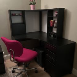 IKEA MICKE Corner Workstation + IKEA MICKE Drawer Unit/Drop-file + Pink CHAIR+ Pink TRASH
