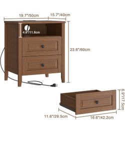 Modern Wood Nightstand with Charging Station & 2 Drawers