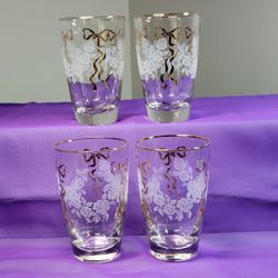 Vintage "Rose Classic" Drinking Glasses by Libby Glass Company,  White Roses Gold Ribbons 
