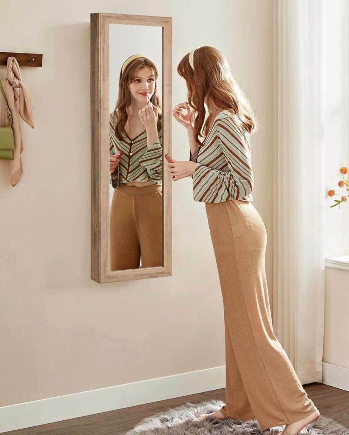 6 LEDs Mirror Jewelry Cabinet, 47.2-Inch Tall Lockable Wall or Door Mounted Jewelry Armoire Organizer with Mirror, 2 Drawers, Christmas Gi