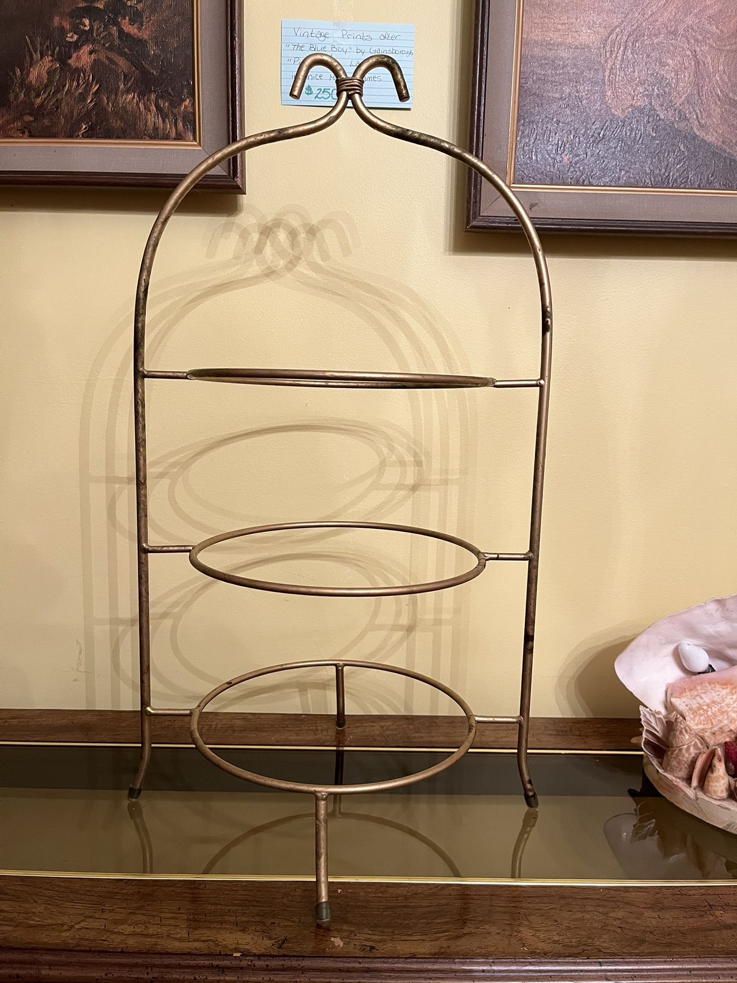 Three-tiered brass serving stand (bowls not included) 23” tall, 12.5” wide, 9” circles