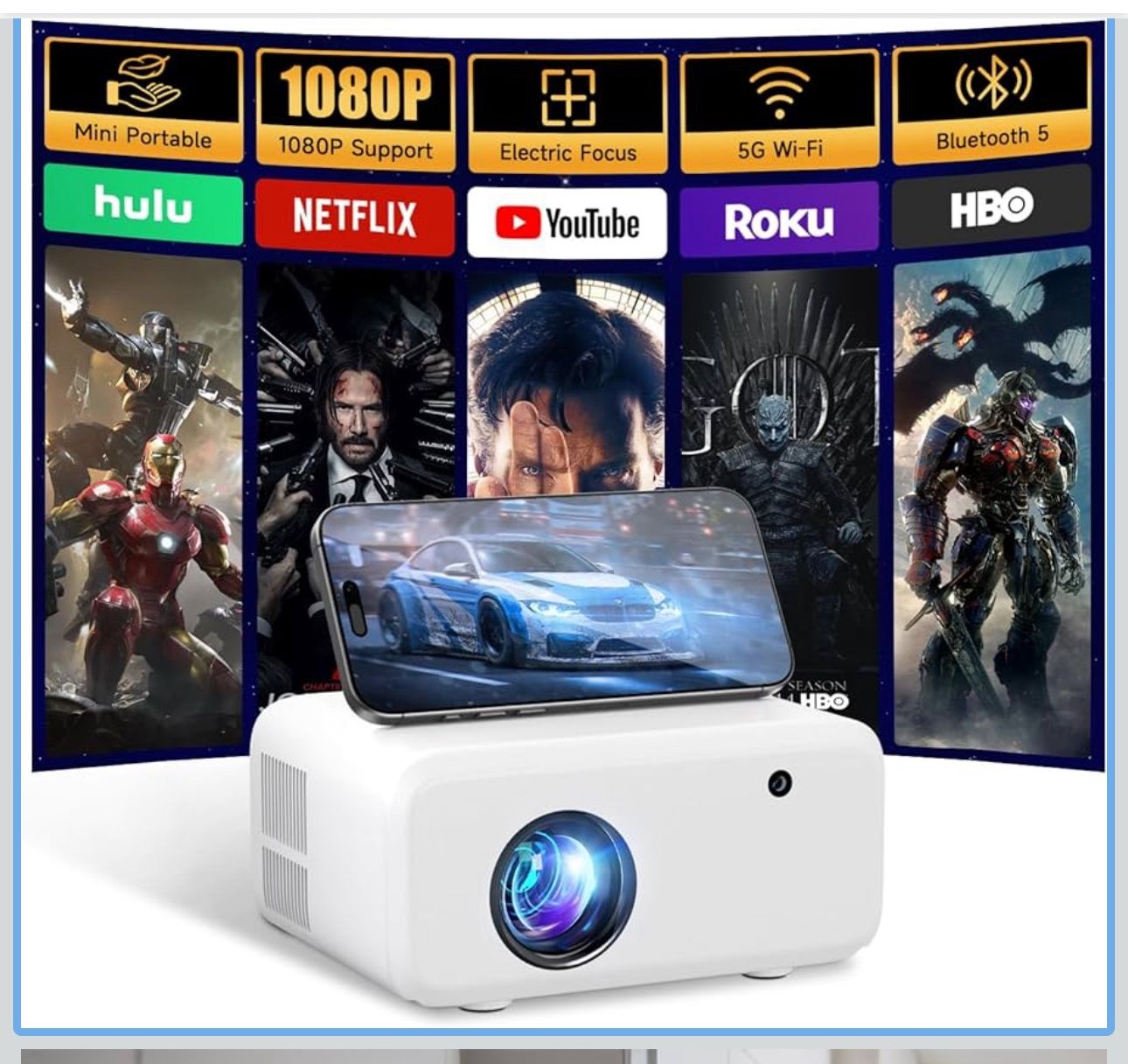 Mini Projector with WiFi and Bluetooth 1080p Video Supported, 13000L, HiFi Speaker, Long-Life Lamp
