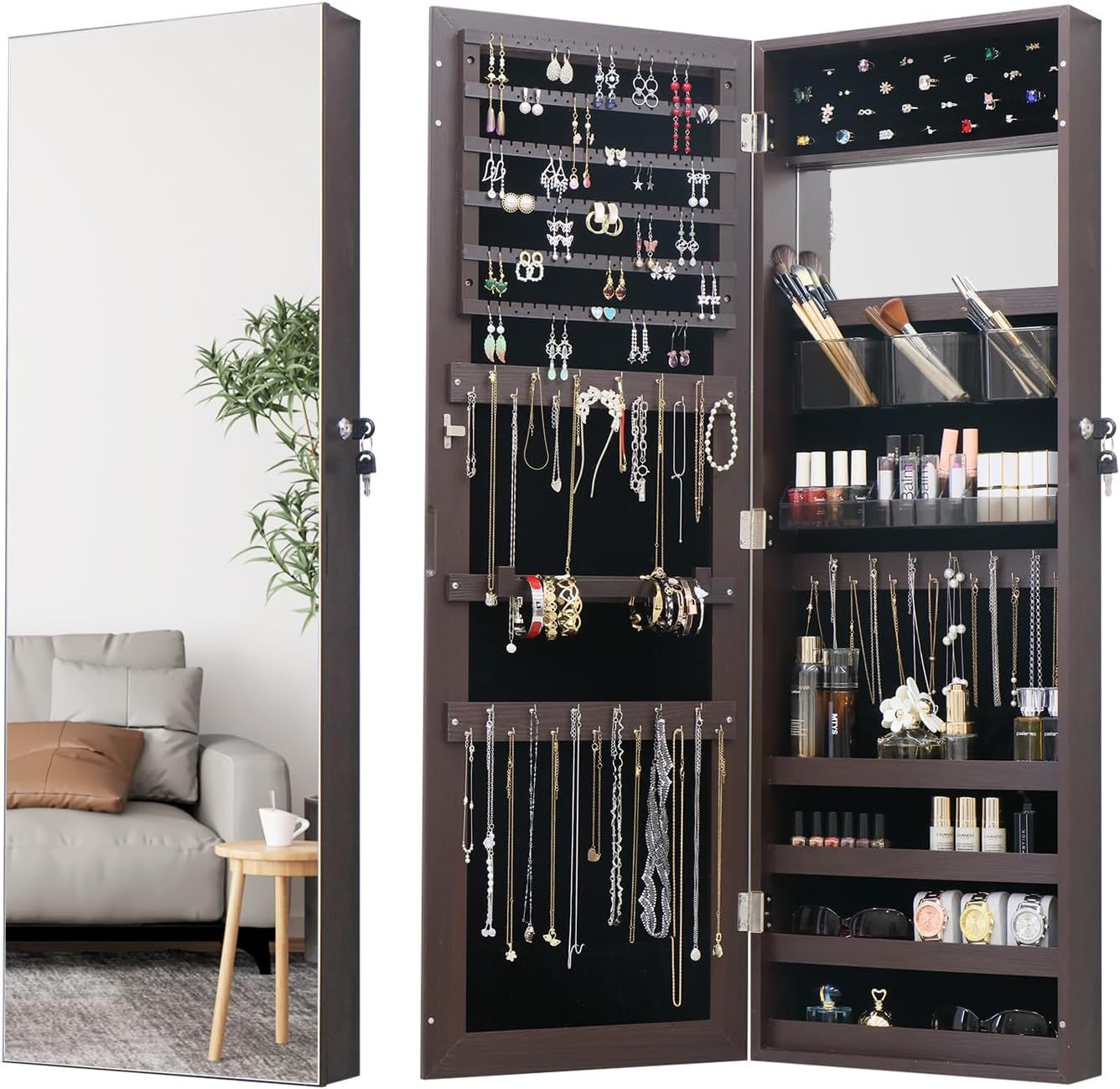 Full Length Mirror Jewelry Cabinet Organizer for Makeup and Jewelry, Lockable Door Wall-Mounted