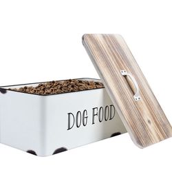Farmhouse Dog Food Storage Container White Dog Treat Dispenser Tin Pet Food Canister Bin with Wood Lid for Dogs Rustic