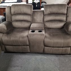 Brand New Brown Smooth Linen Manual Reclining Loveseat With Cup Holders