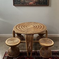 Vintage Wicker Rattan Boho Table & Matching Stools