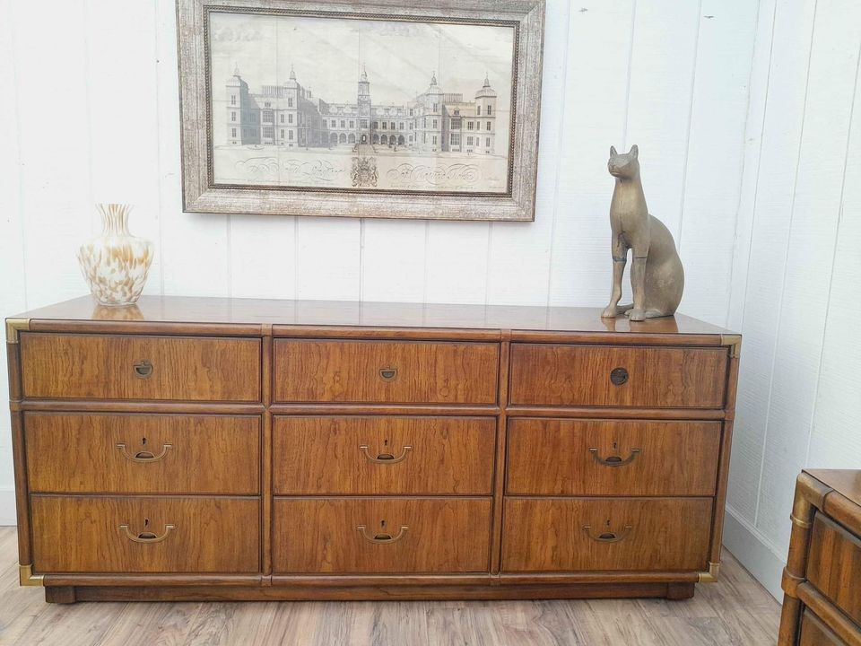 Mid Century Modern Triple Drexel Accolade Walnut Campaign Dresser, Delivery Included