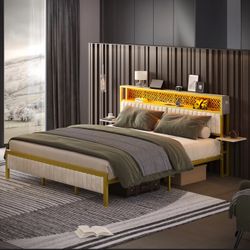 Brand New King Size Bed Frame with LED Lights, Storage & Charging Ports