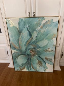 Large Abstract Teal & Gold Floral Canvas Wall Art — Gold Frame (30" x 39")