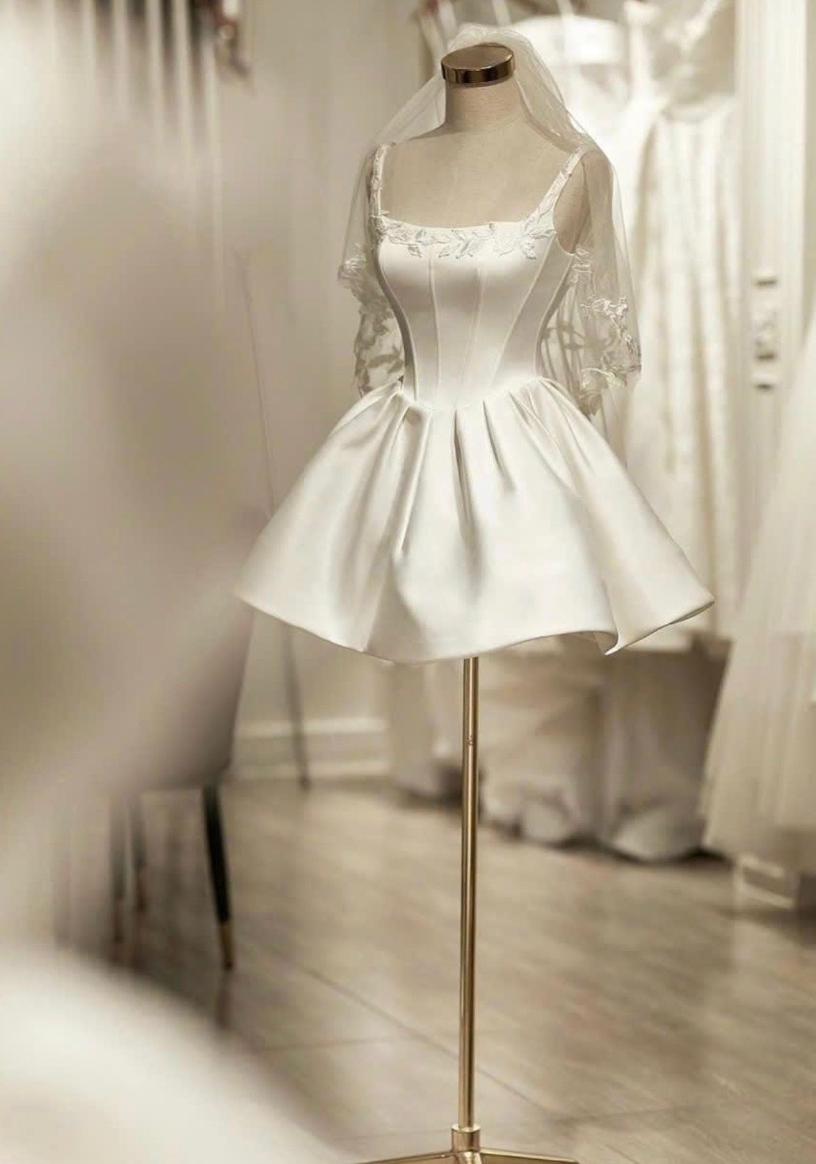 Square Neck Taffeta Mini Wedding Dress - Short Corset Bridal Gown with Structured Bodice & Pleated Skirt - Modern Reception Party Dress