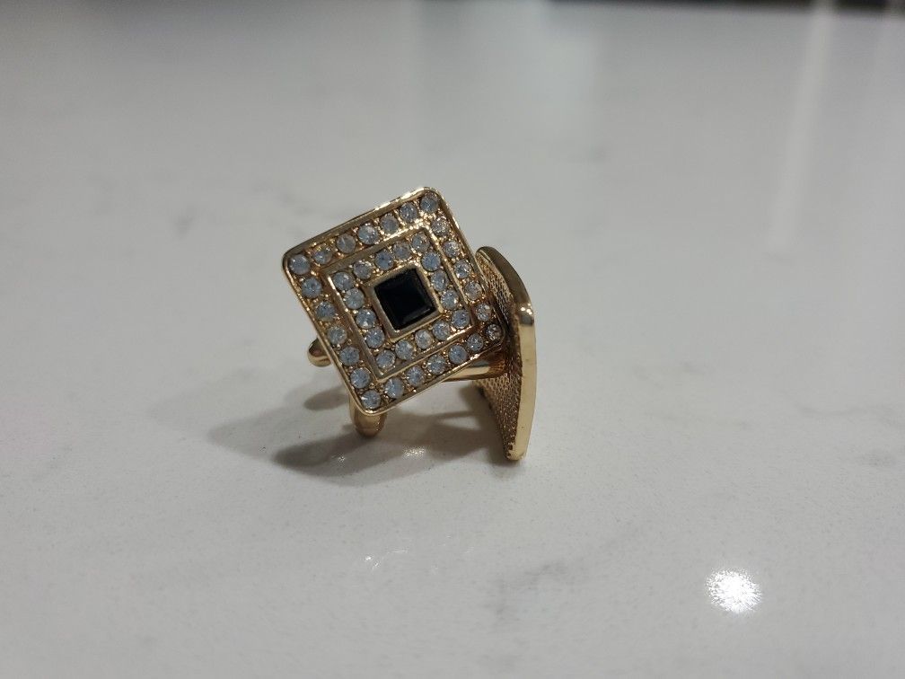 Set Of Gold & Black Cuff Links With Rhinestones