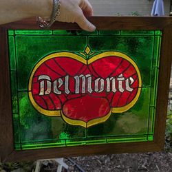 Unique Vintage Leaded Stained Glass Del Monte Wood Framed Wall Window Art 