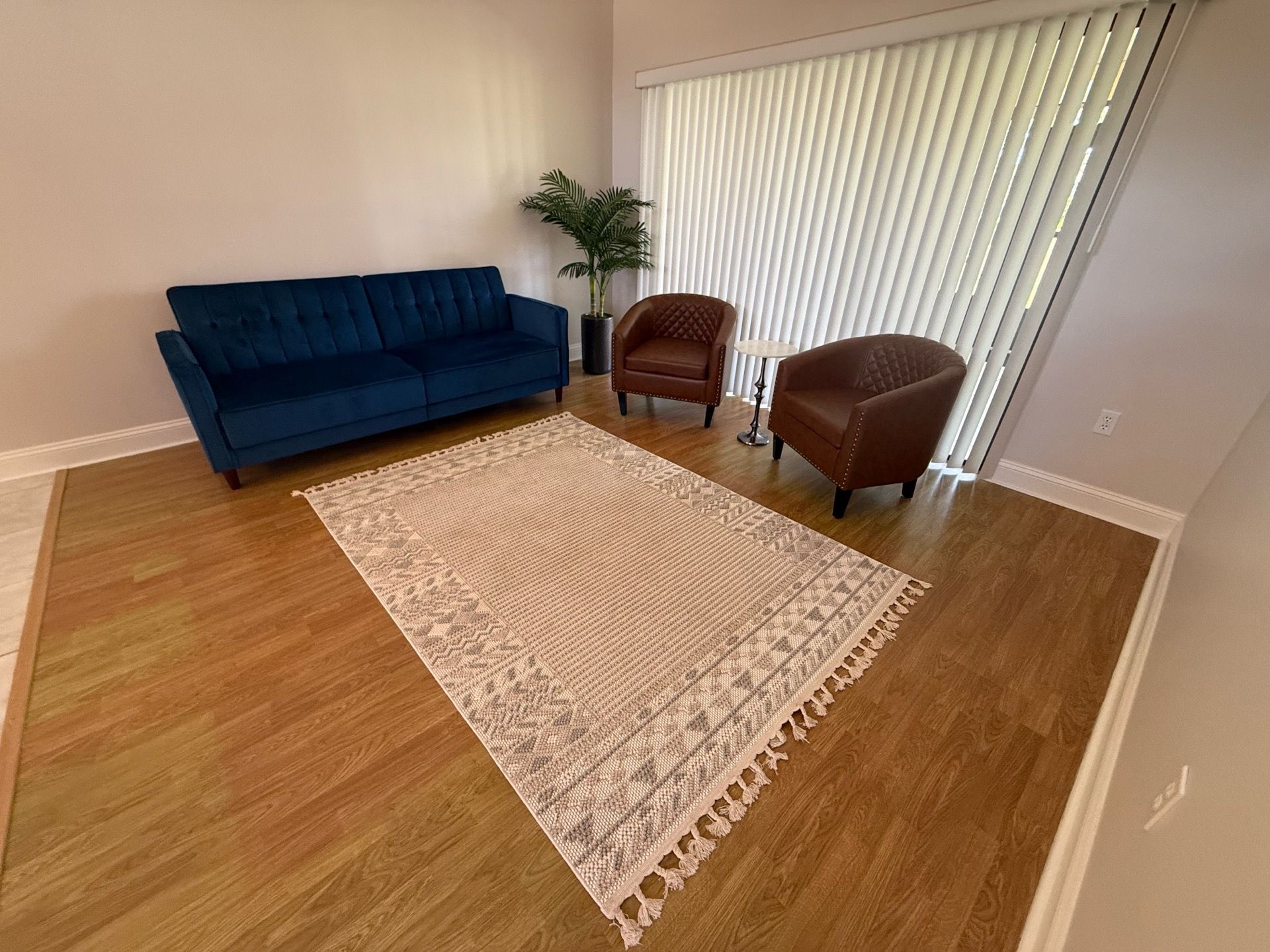 Package Deal- 3 Pieces- Sofa, (2) Brown tufted chairs, & area rug