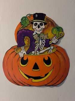 Vintage Skeleton Pumpkin Die Cut Used 15”