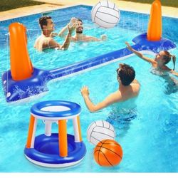Pool Volleyball Set, 115” Inflatable Pool Float Set Include Basketball Hoop Set & Balls Floating Swimming Pool Toy Pool Volleyball Game for Kids and A