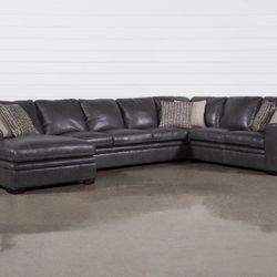 Living Spaces Greer Dark Grey Leather 4 Piece 166" Modular Sectional With Left Arm Facing Chaise & Armless Sofa