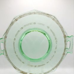 Green Uranium Glass Footed Serving Plate Etched Gold Gilt Key Bands With Handles
