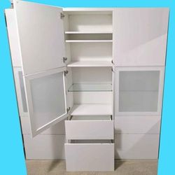 Ikea BESTA glossy white upright shelf unit storage cabinet with GLASSVIK frosted glass door