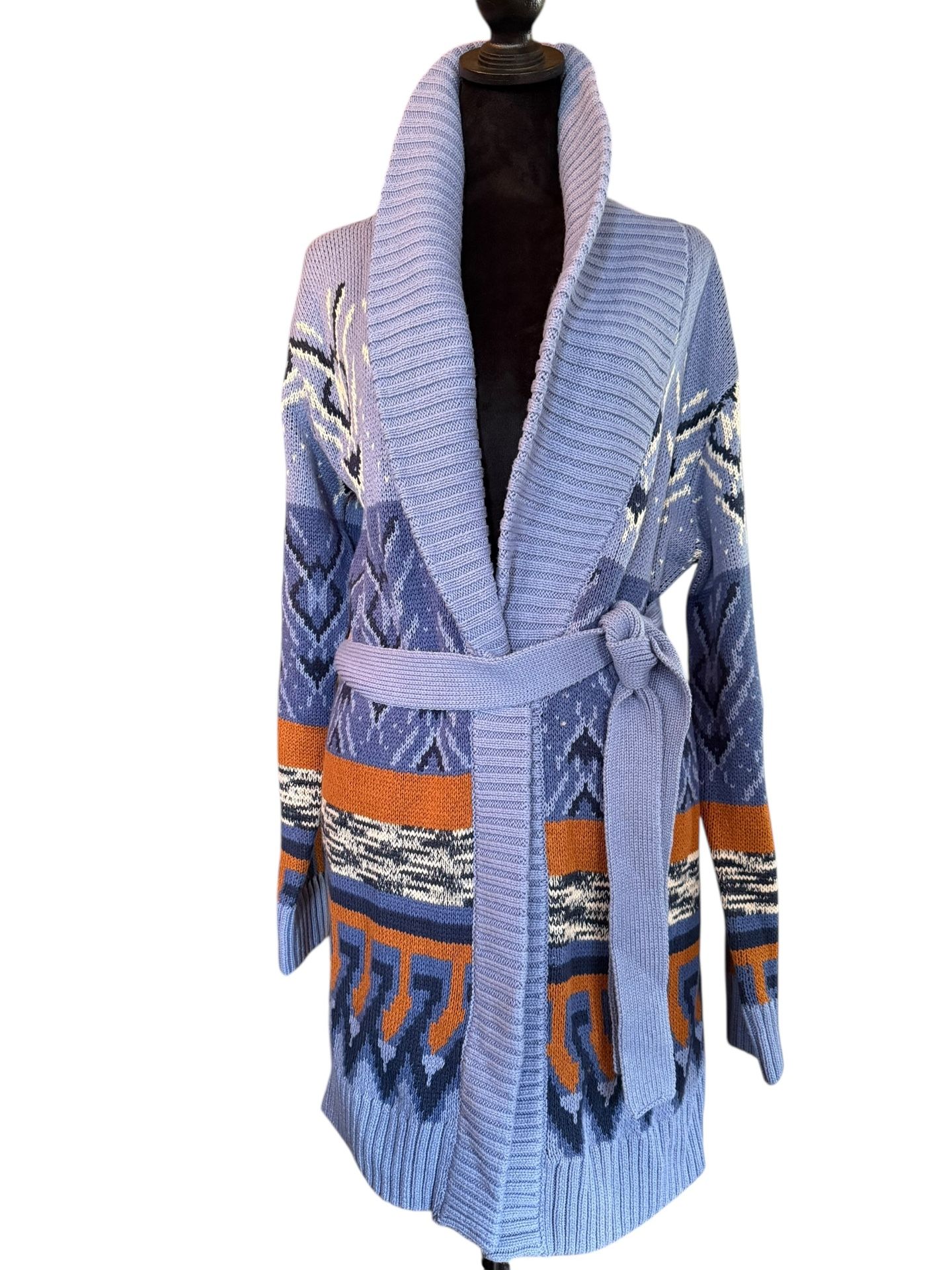 Lucky Brand Cardigan Sweater Women’s Small S Blue Aztec Shawl Collar Open Front This Lucky Brand cardigan sweater is a versatile addition to any ward