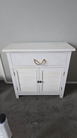 Rustic White Coastal / Cottage Storage Cabinet with Louvered Doors & Rope Handle